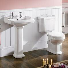 Twin Tap Victorian Basin  and Victoria Close Coupled Toilet Set - White Seat 