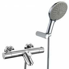 Round Bar Mixer Shower Kit with Bath Filler &amp; Multi-Function Hand Held Head - Wall Mounted 