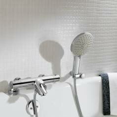 Round Bar Mixer Shower Kit with Bath Filler &amp; Multi-Function Hand Held Head - Surface Mounted 