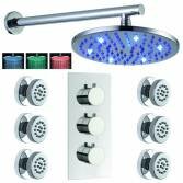 Crescent Thermostatic Shower with 8" Round LED Head and Body Jets 