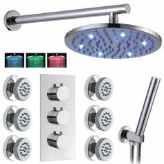Burude Thermostatic Shower Mixer Kit with 200mm Round LED Head - Hand Held &amp; Body Jets 