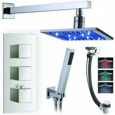Hannoki Thermostatic Shower Mixer Kit with 195mm Square LED Head - Hand Held Overflow Bath Filler Tap 