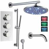 Ravana Shower with 8" Round LED Head, Bath Filler and Handheld 
