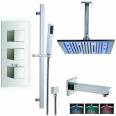 Borov Shower with 12" Square LED Head, Bath Filler and Handheld 