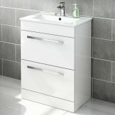 600mm Avon High Gloss White Double Drawer Basin Cabinet - Floor Standing